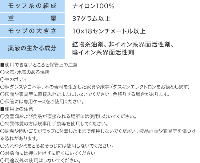モップ糸の組成:ナイロン100% 重量:37グラム以上 モップ布の大きさ:10×18センチメートル以上 薬液の主たる成分:鉱物系油剤、非イオン系界面活性剤、陰イオン系界面活性剤 ■使用できないところと保管上の注意 火気・水気のある 車のボディ 桐ダンスや白木等、木の素材を生かした家具や床等(ダスキンエレクトロンをお勧めします) 床面や家具等に直接ふれたままにしないでください。色移りする場合があります。 保管には専用ケースをご使用ください。 ■使用上の注意 食器類および食品が直接ふれる場所には使用しないでください。 特異体質の方は炊事用手袋等を使用してください。 砂粒や固いゴミがモップに付着したままで使用しないでください。液晶画面や家具等を傷つける恐れがあります。 汚れやシミをとるおそうじには使用しないでください。 対象面には押し付けずに軽く拭いてください。 用途以外の使用はしないでください。