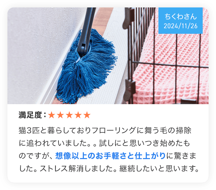 (ちくわさん 2024/11/26) 満足度:★★★★★ 猫3匹と暮らしておりフローリングに舞う毛のおそうじに追われていました。。試しにと思いつき始めたものですが、想像以上のお手軽さと仕上がりに驚きました。ストレス解消しました。継続したいと思います。